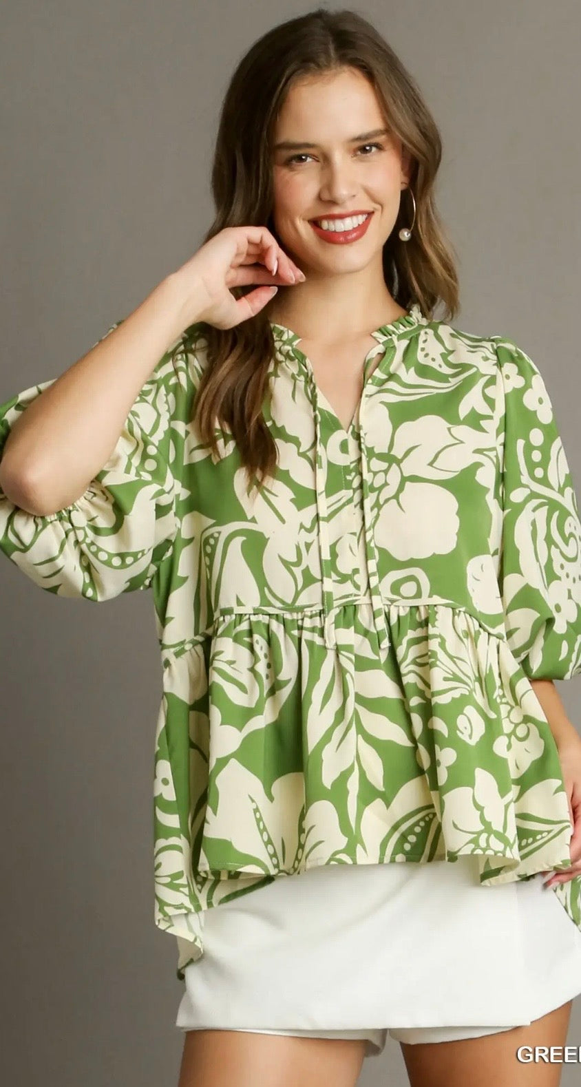 UMGEE Floral Print Split Neck Front Tie Top