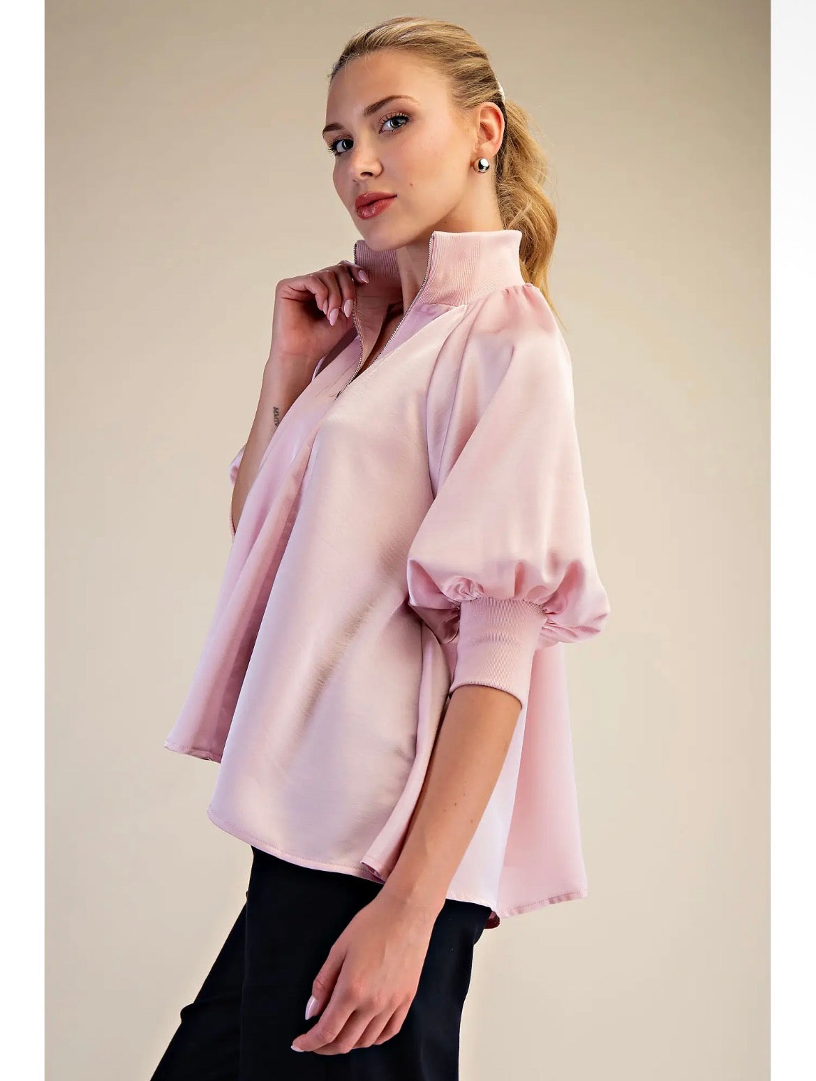Mock Neck Puff Band Sleeve