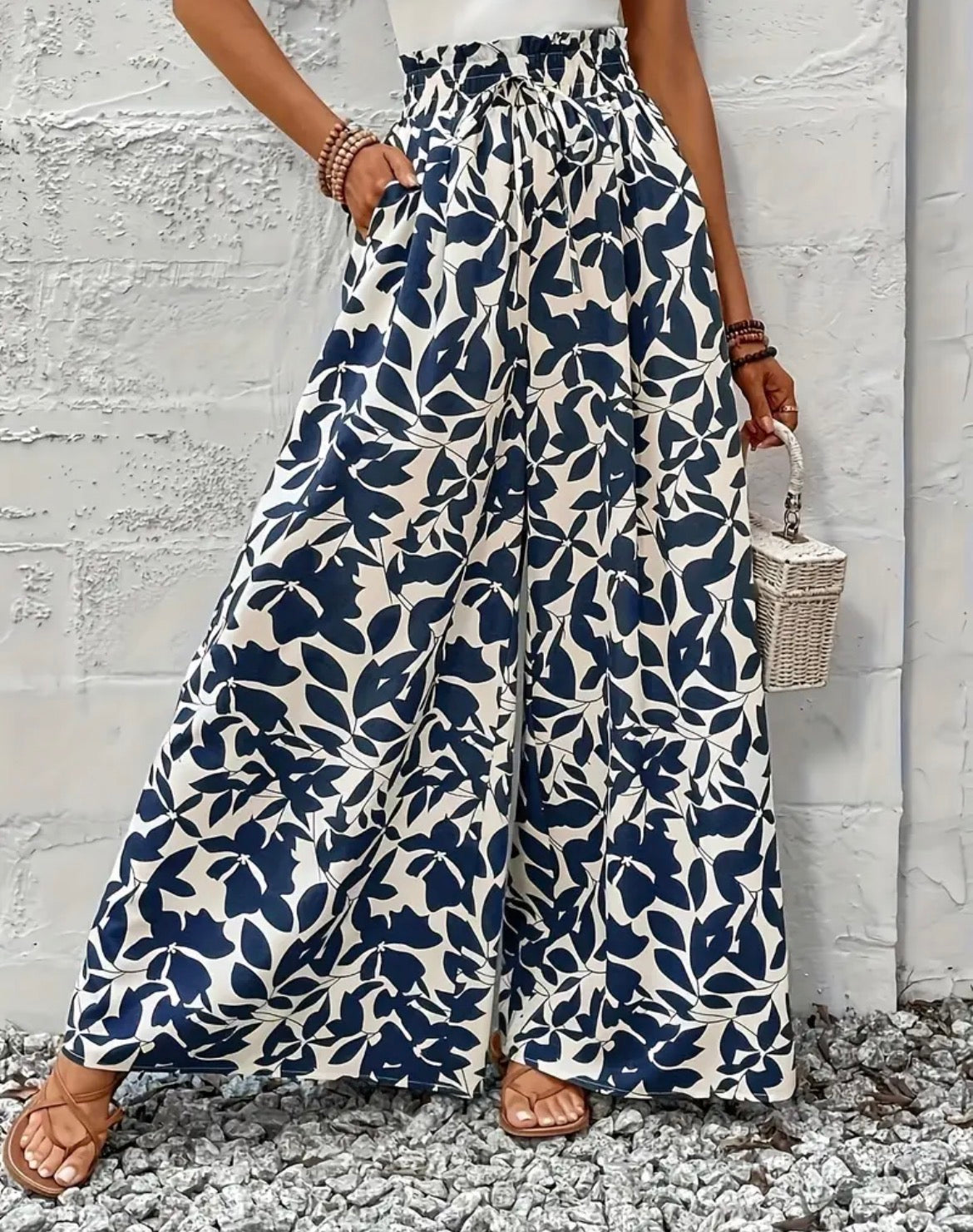 Navy And Apricot Wide Leg Pants