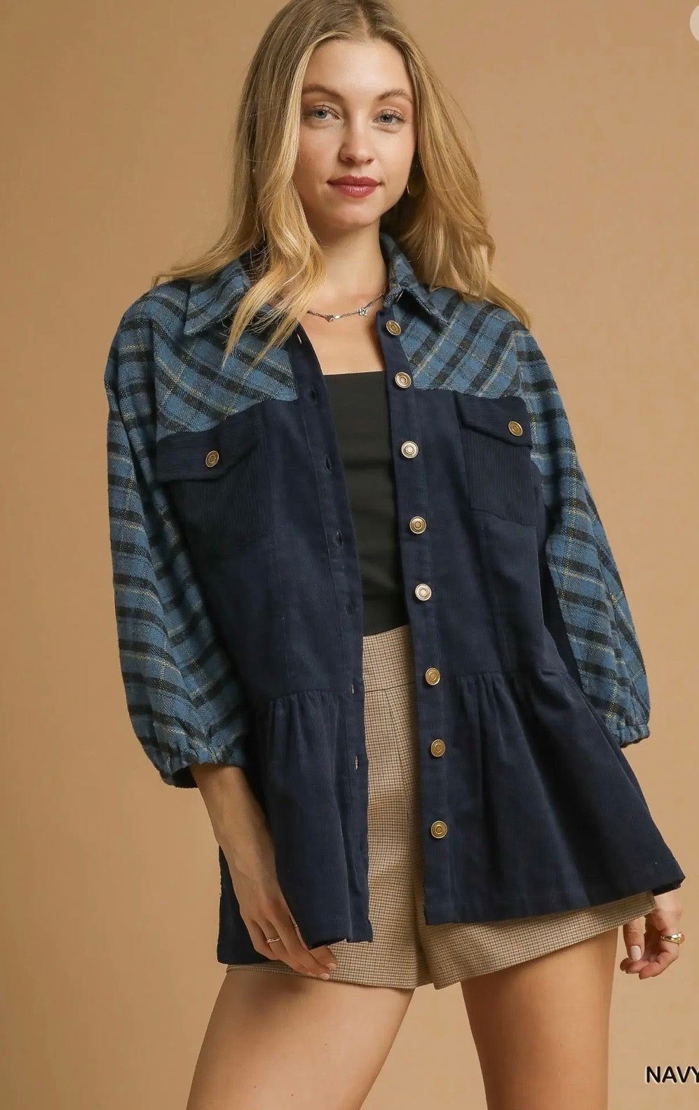 Plaid Contrast Corduroy Button Down Shacket