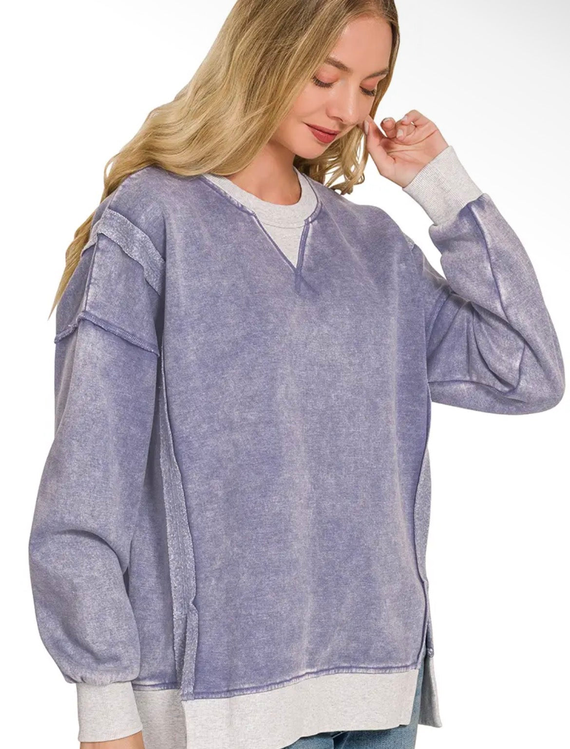 Fleece Acid Washed Contrast Trim Pullover Zenana