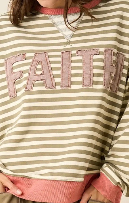 FAITH PATCHWORK STRIPED LONG SLEEVE SWEATSHIRT
