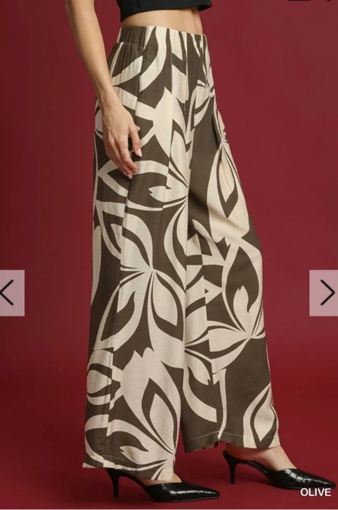 UMGEE - Abstract Floral Wide Leg Pants, Olive