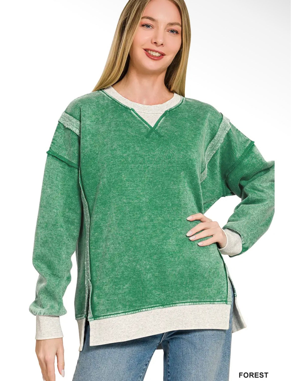 Fleece Acid Washed Contrast Trim Pullover Zenana