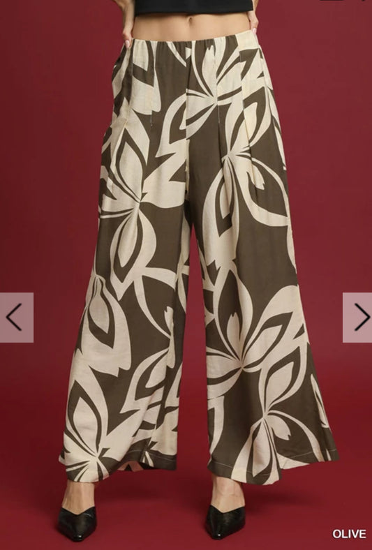 UMGEE - Abstract Floral Wide Leg Pants, Olive