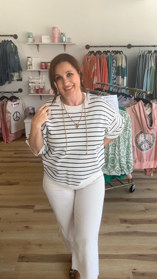 Oversized Striped Knit Short Sleeve Top
