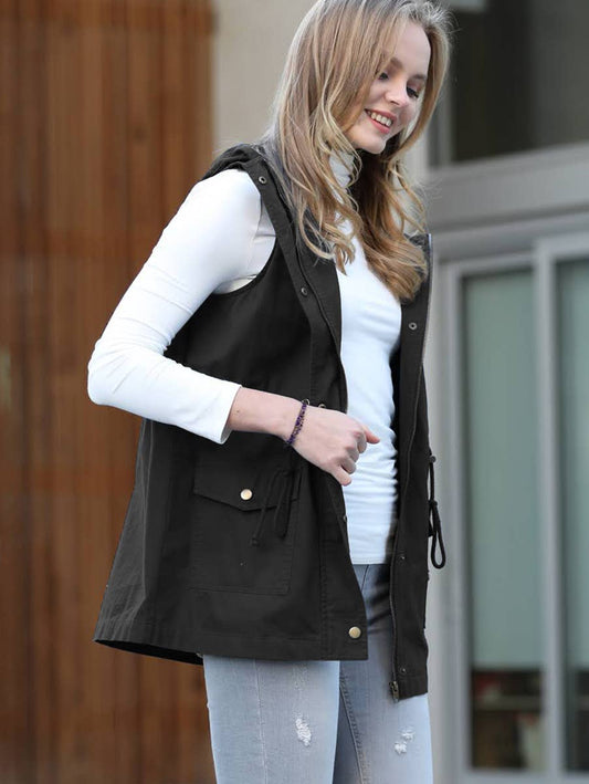 Drawstring Waist Military Hoodie Vest With Pockets SI-20066