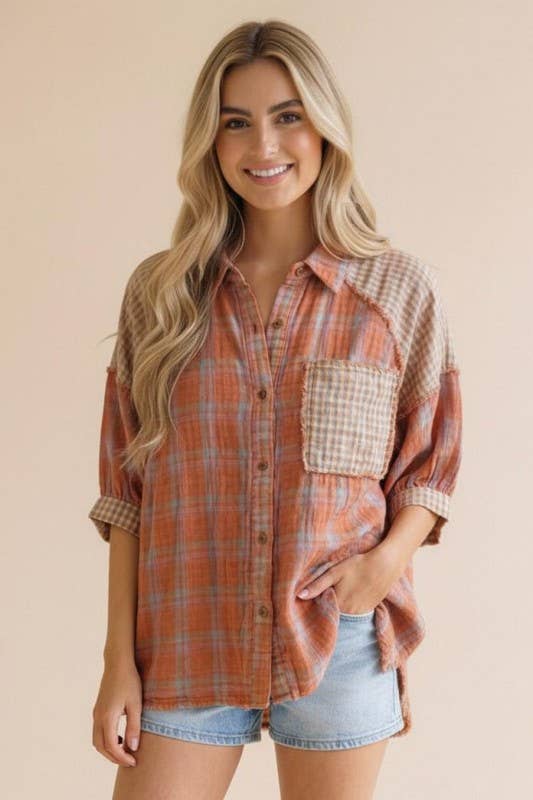 Button Up Raglan Plaid Color Block Shirt Top