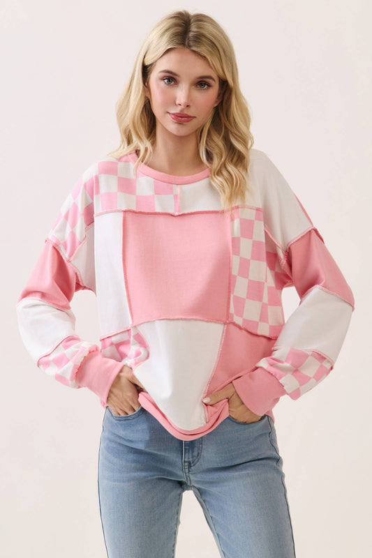 Checkered Print Patchwork pullover top T6173
