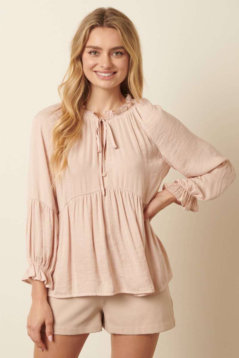 RUFFLE TIE FRONT BABYDOLL BLOUSE