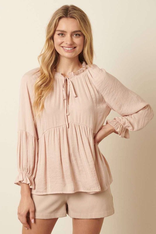 RUFFLE TIE FRONT BABYDOLL BLOUSE