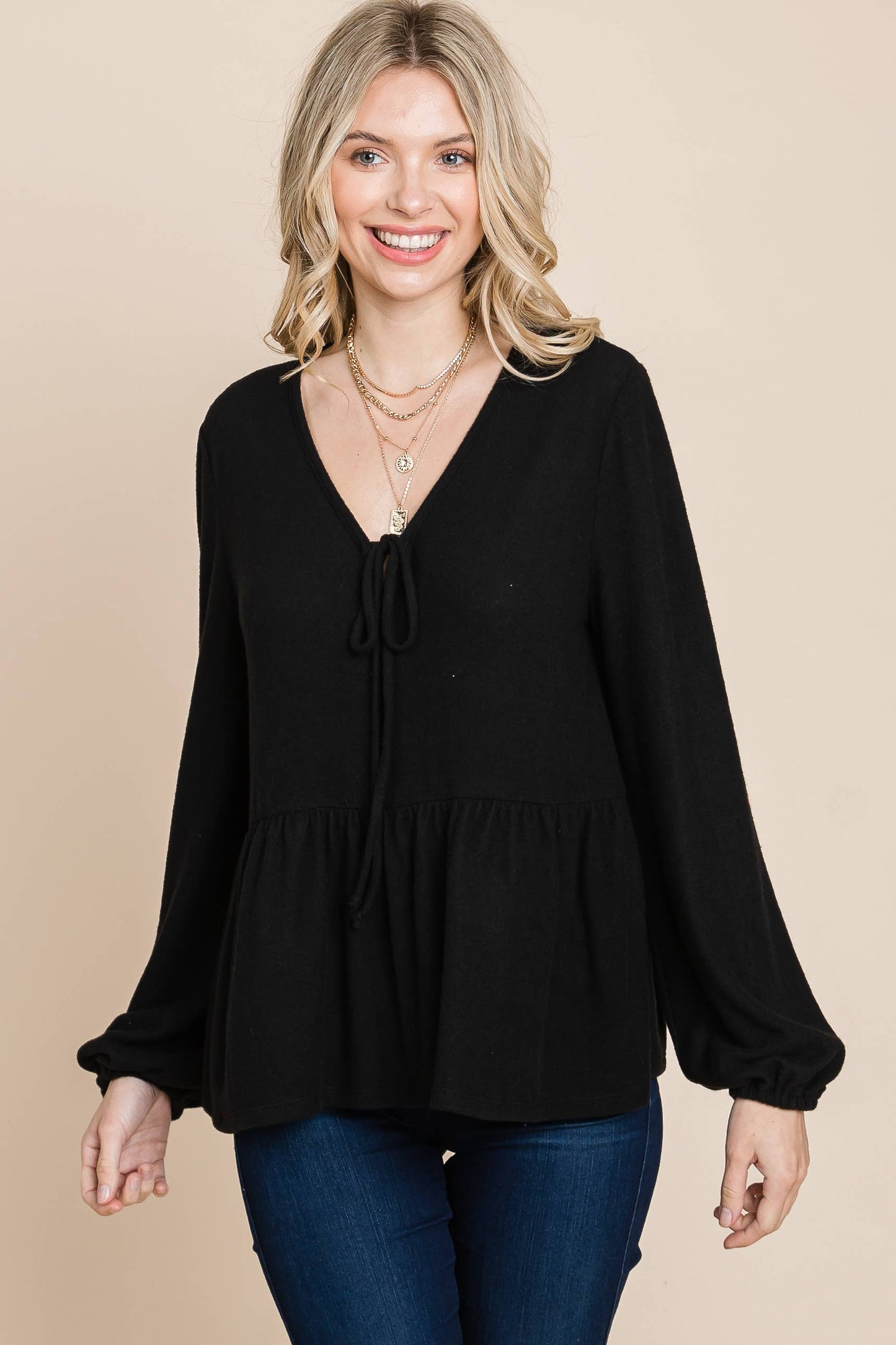 Solid Hacci Brush Babydoll Top