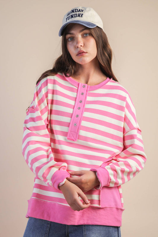 Oversized Striped Half Button Down Casual Knit Top