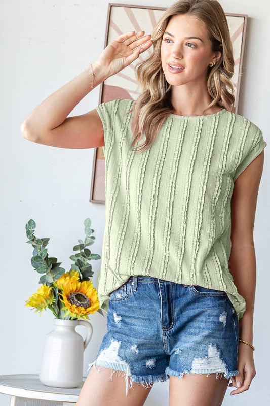 Lightweight Stripe Textured Cap Sleeves Blouse T5948