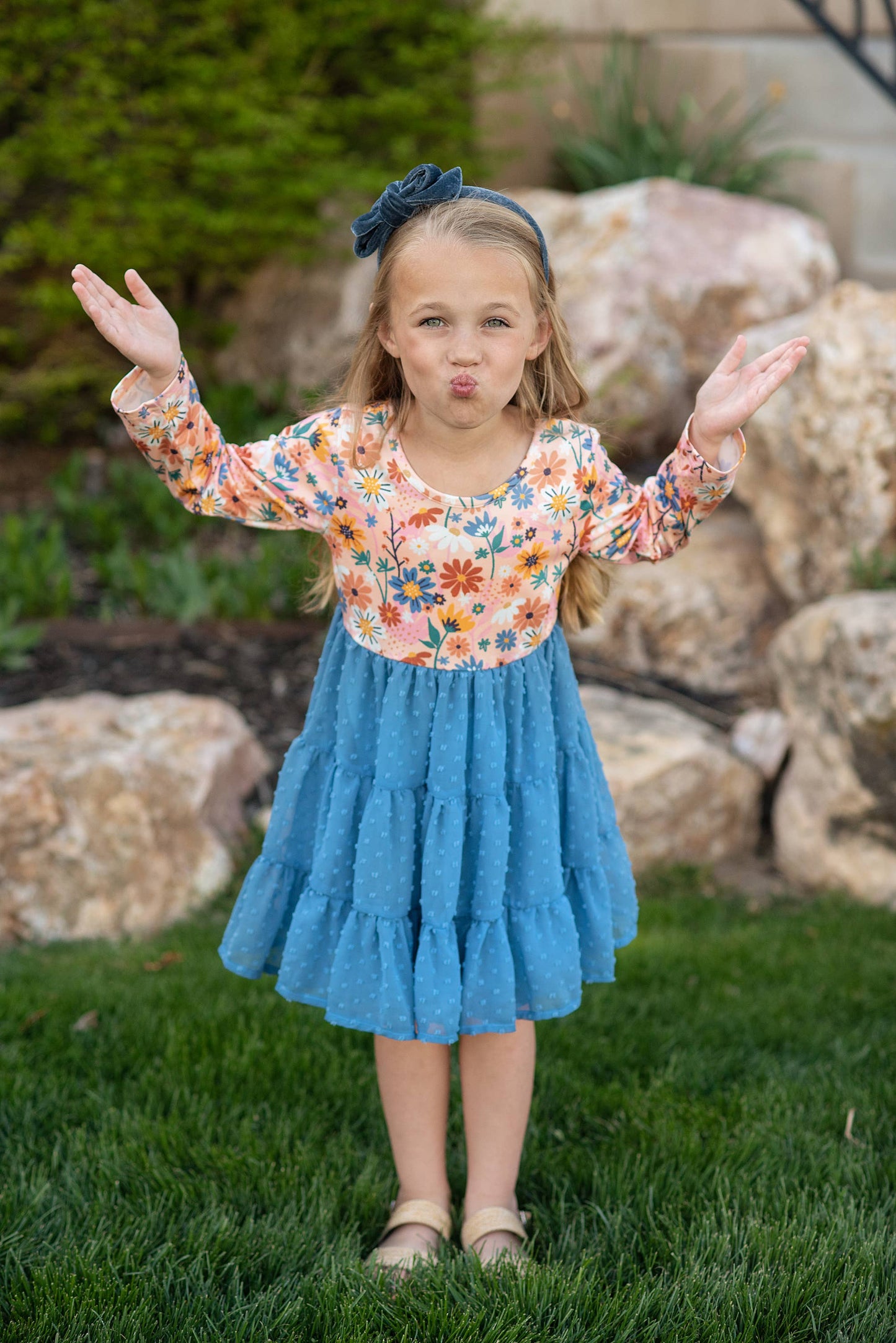 Kids Dusty Blue Flower Print Swiss Dot Tulle Dress