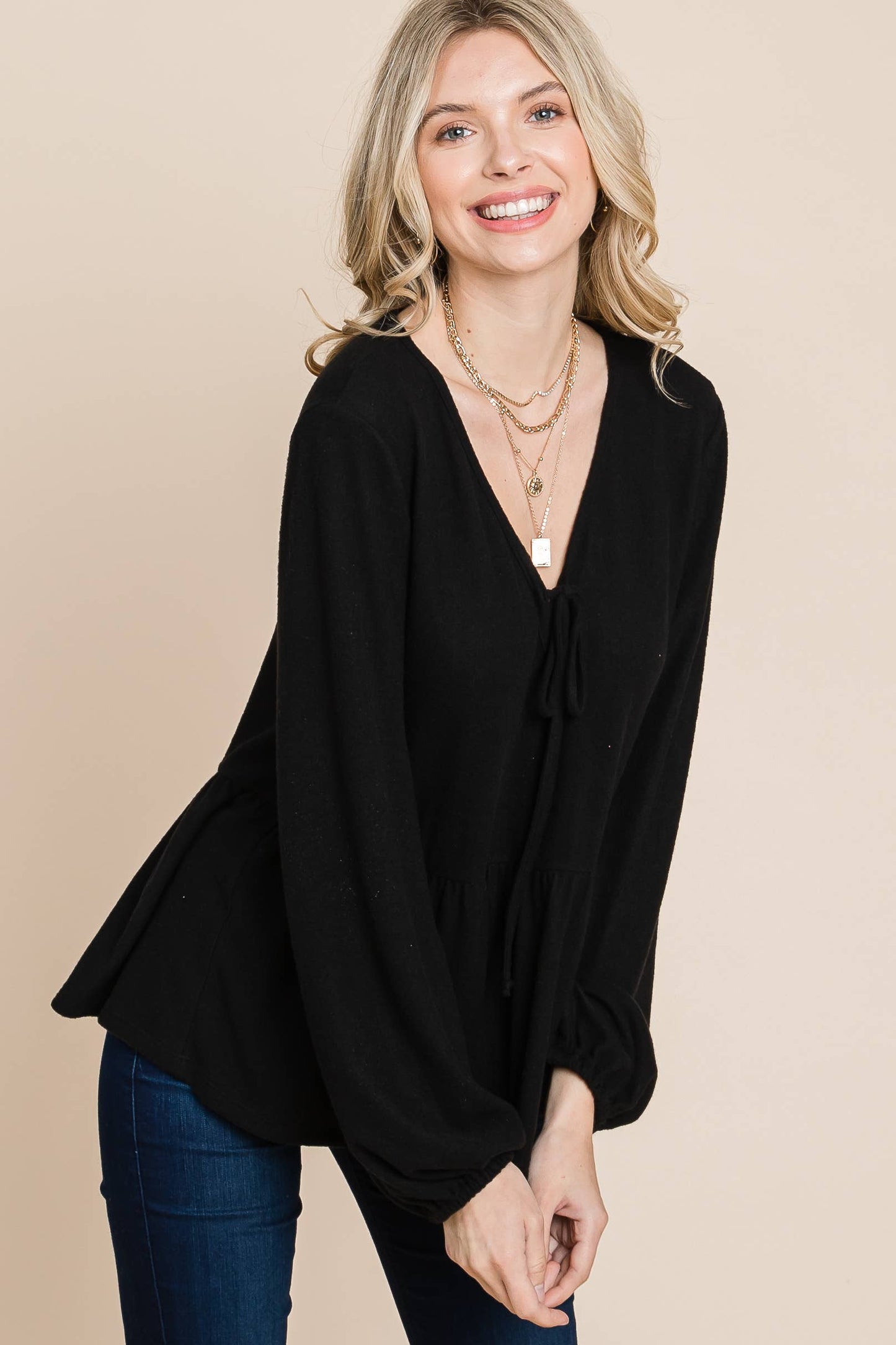 Solid Hacci Brush Babydoll Top