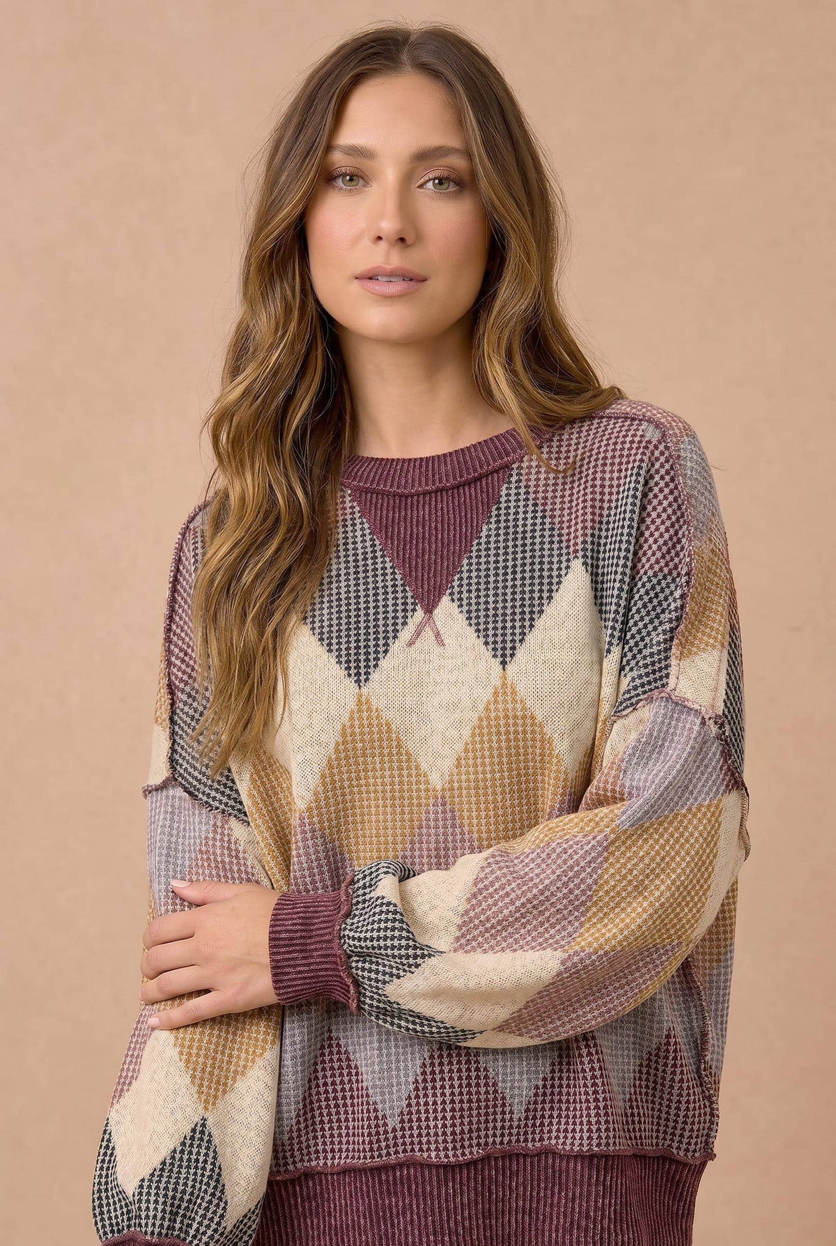 Argyle Waffle Wave Rib Banded Hem Pullover
