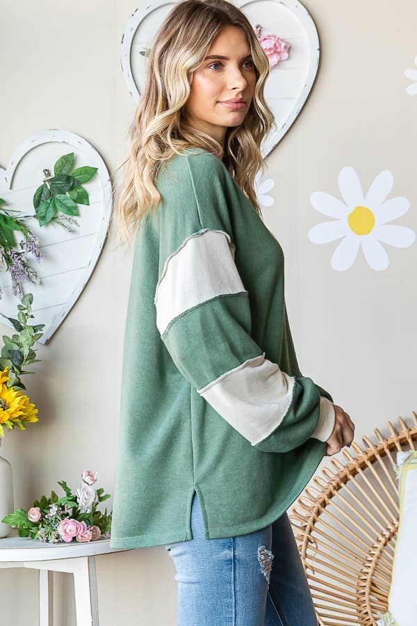 Cotton Button Front Drop Shoulder Side Slit Pullover T5410