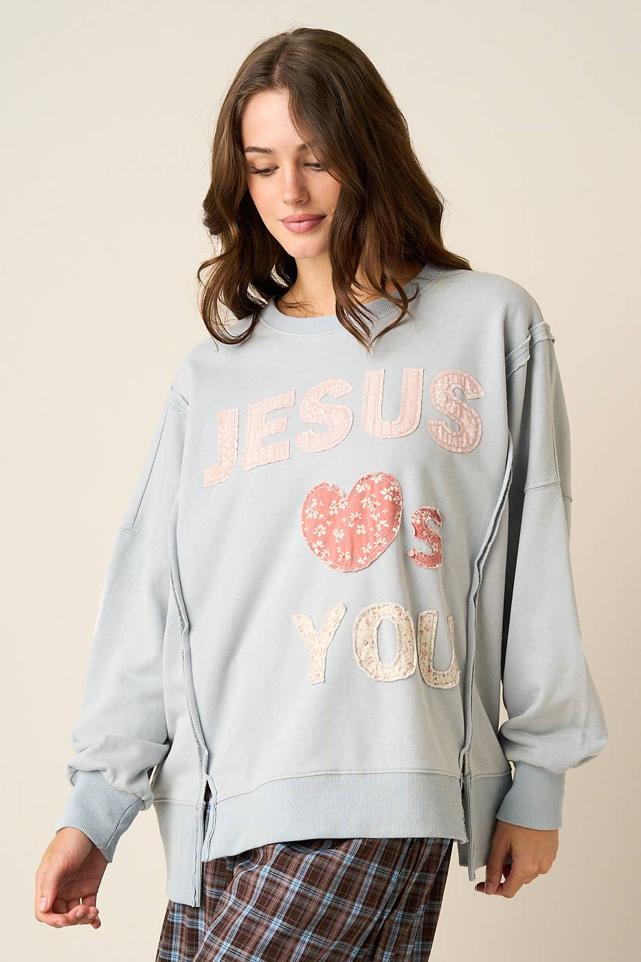 JESUS LOVES YOU PATCHWORK MINERAL WASH SWEATSHIRT