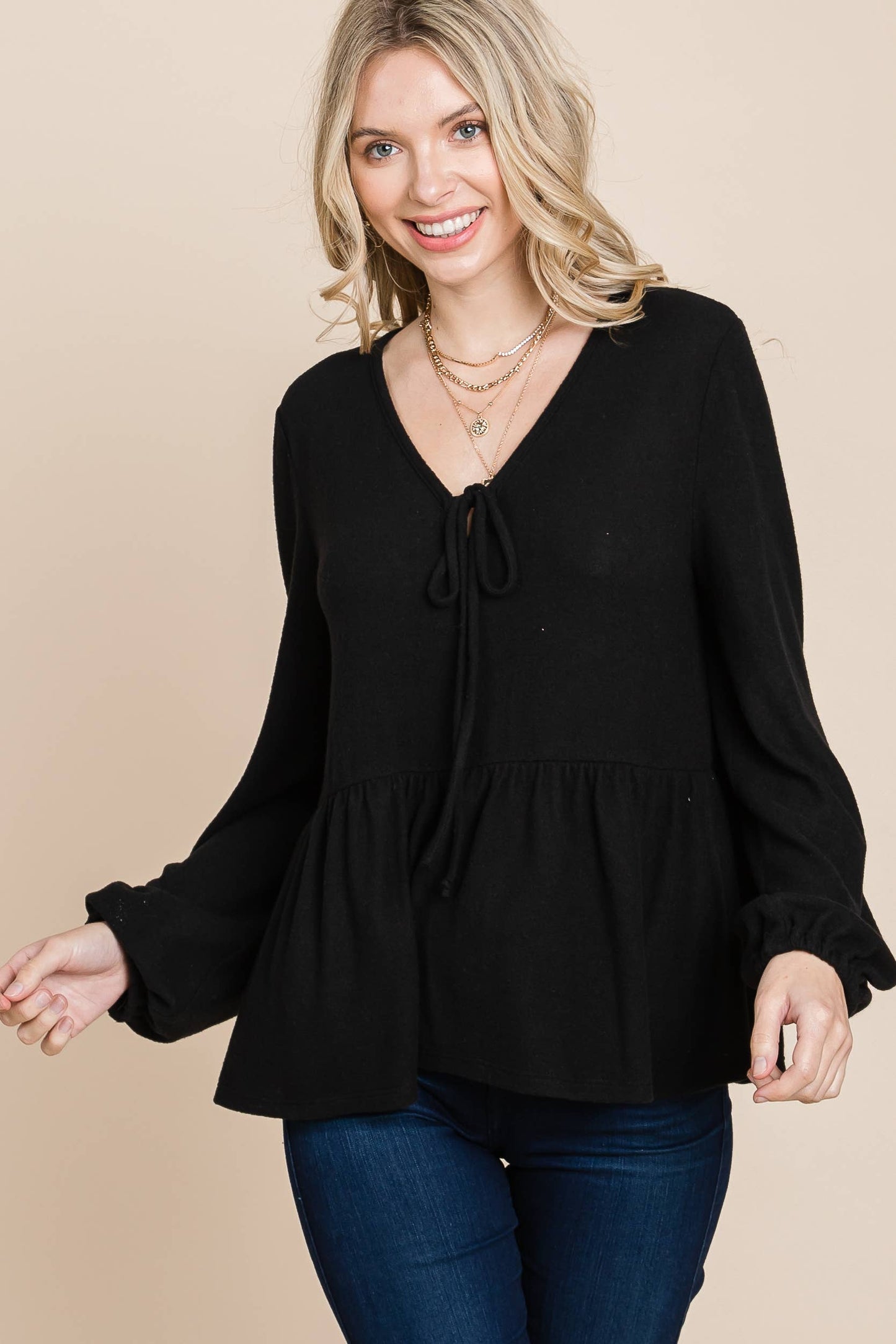 Solid Hacci Brush Babydoll Top