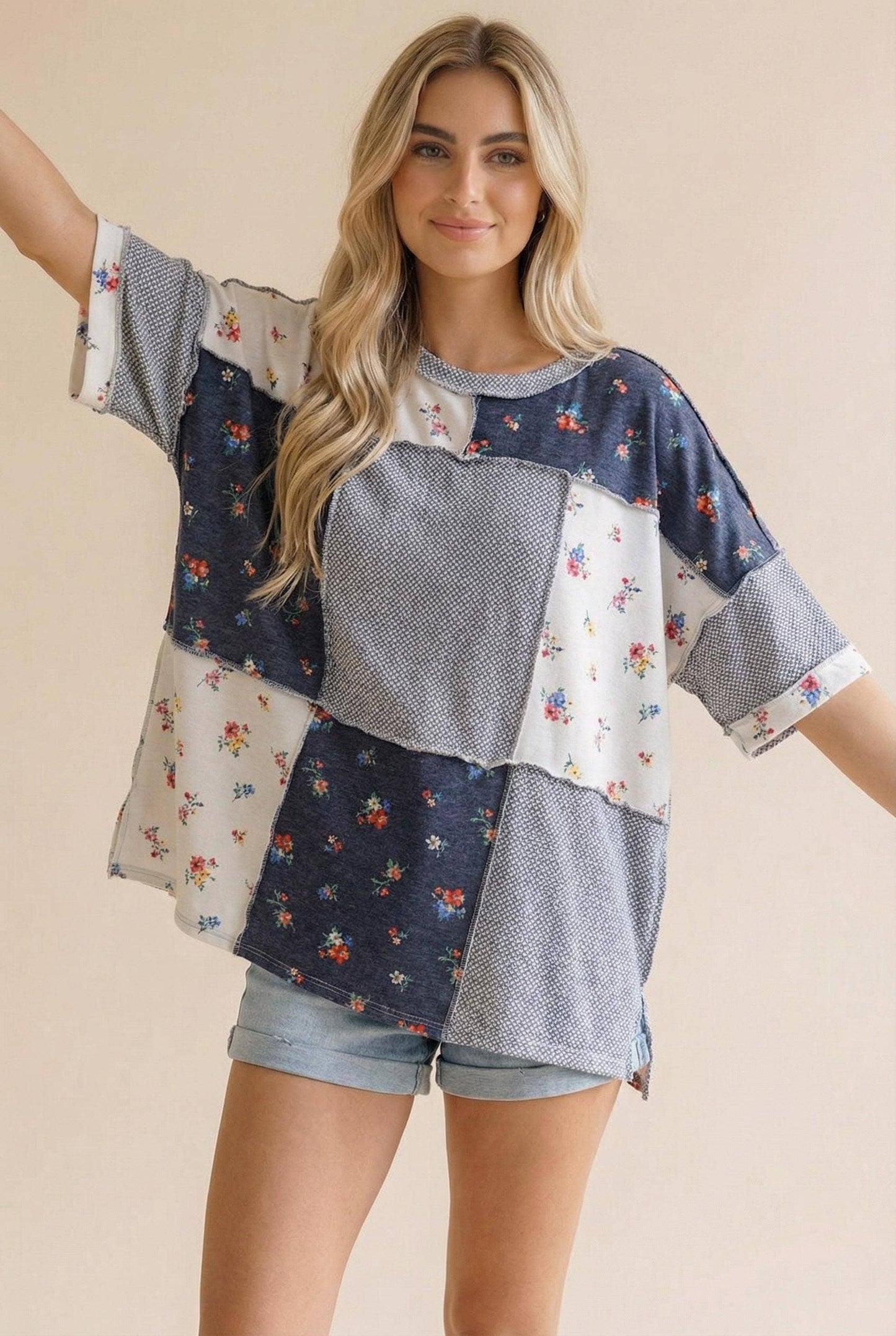 Textured Knit Floral Color Block Patchwork Top