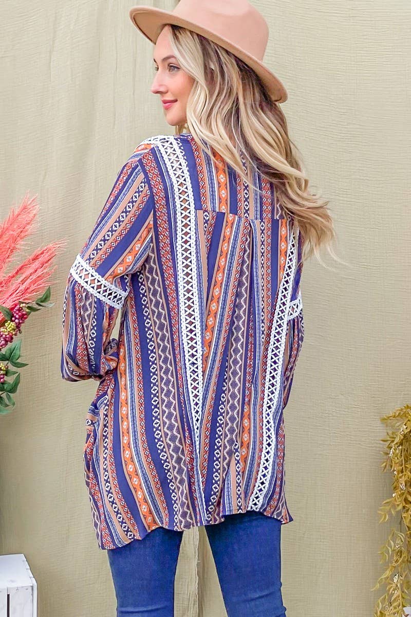 BA12544 - Tie Dye, Aztec Printed Lace Detail Tunic Top