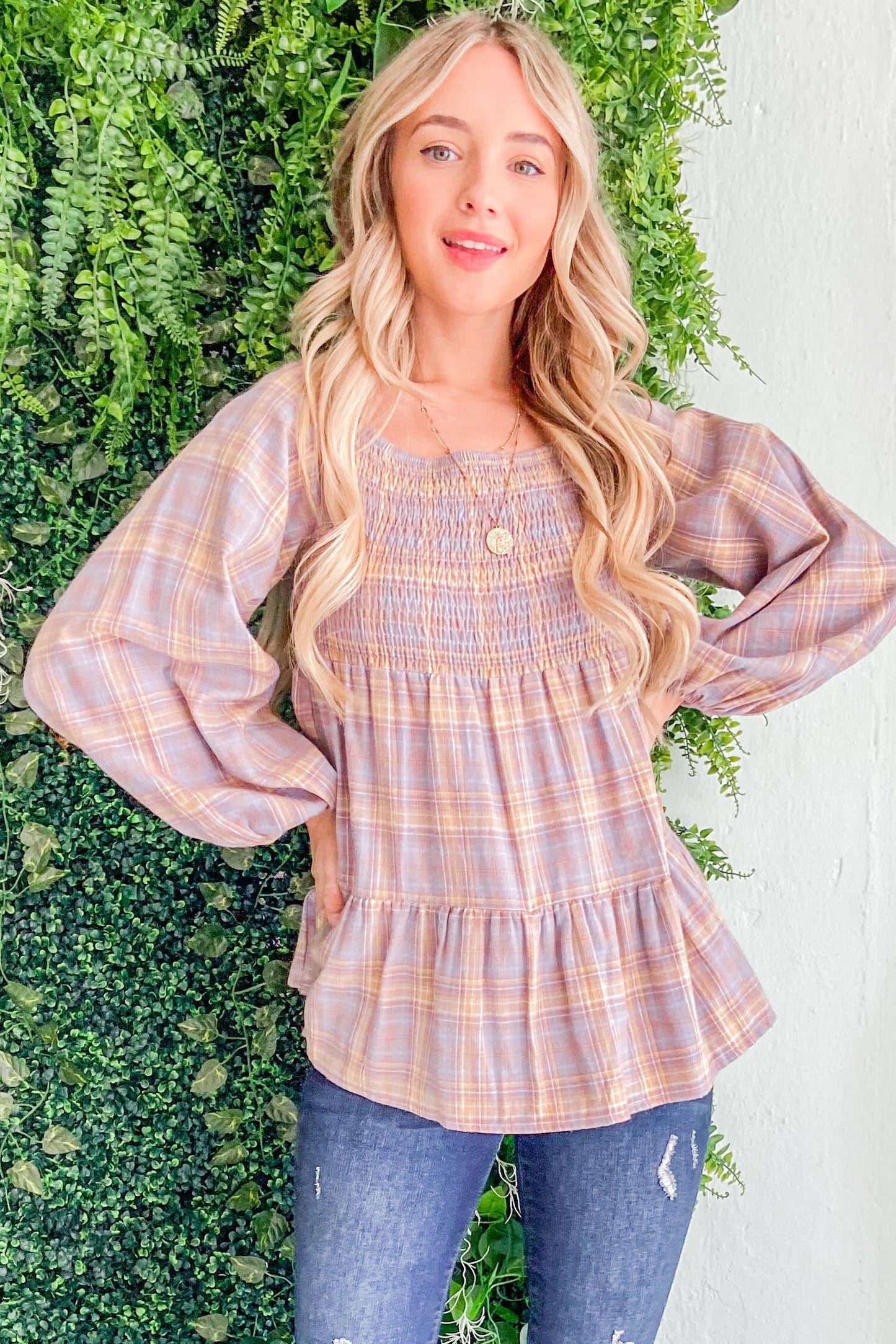 ATW14652 - Plaid Print Smocked Baby Doll Top