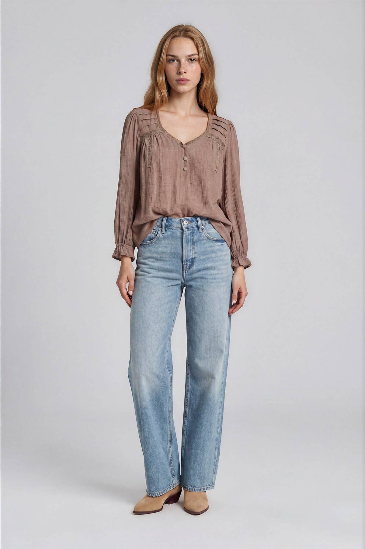 CROCHET TRIM V-NECK 3/4 SLEEVE HENLEY TOP