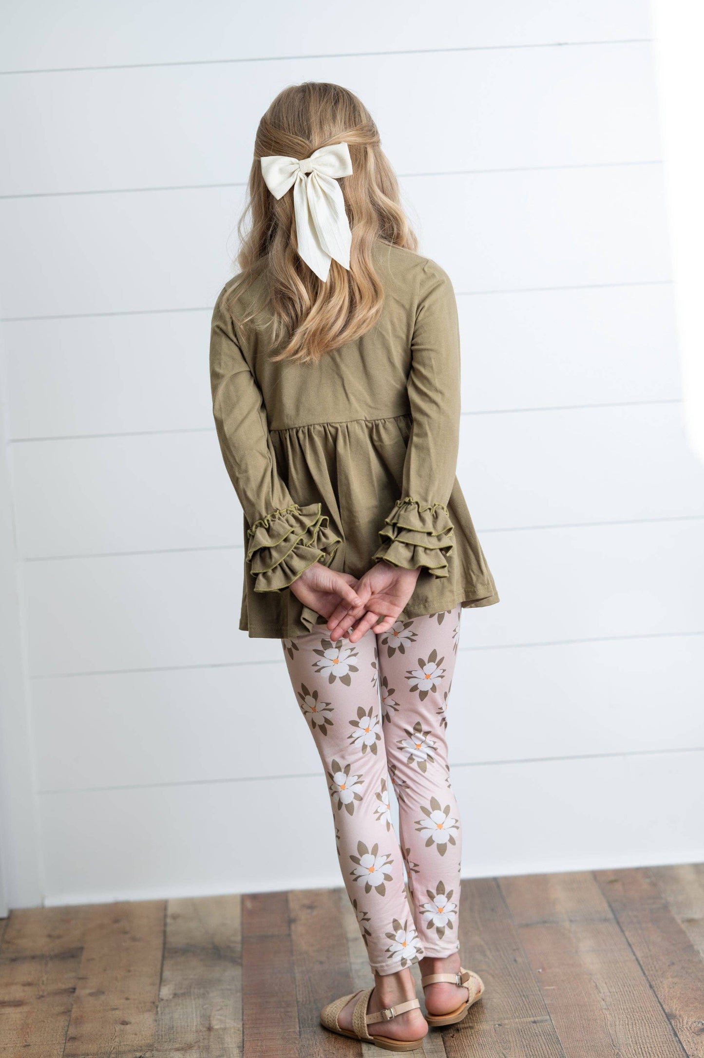 Girls Sage Green 3 Ruffles Shirt & Floral Leggings Set