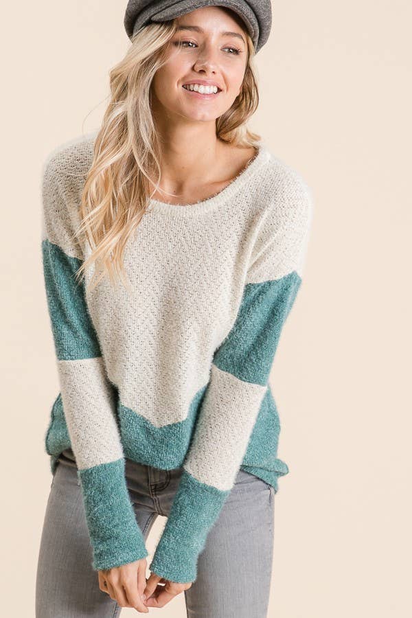 Fuzzy Angora Knit Color Block Sweater