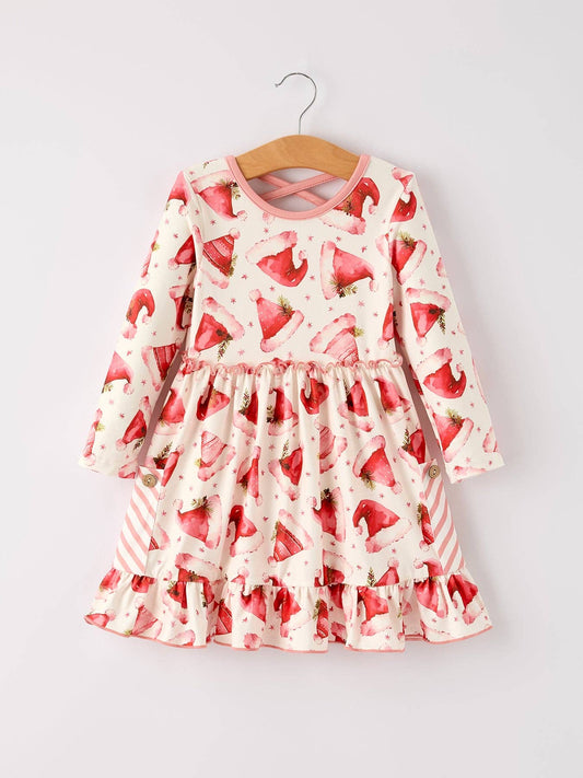 Santa Hat Girls Pocket Ruffle Dress