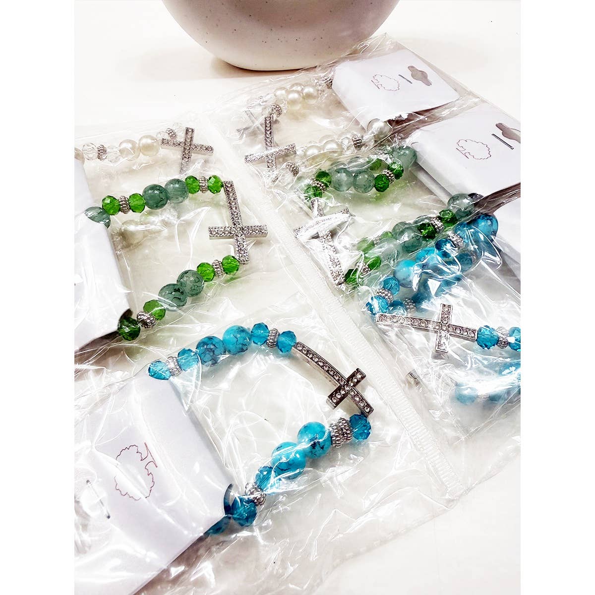 Rhinestone Cross Multi Tone Beaded Bracelet