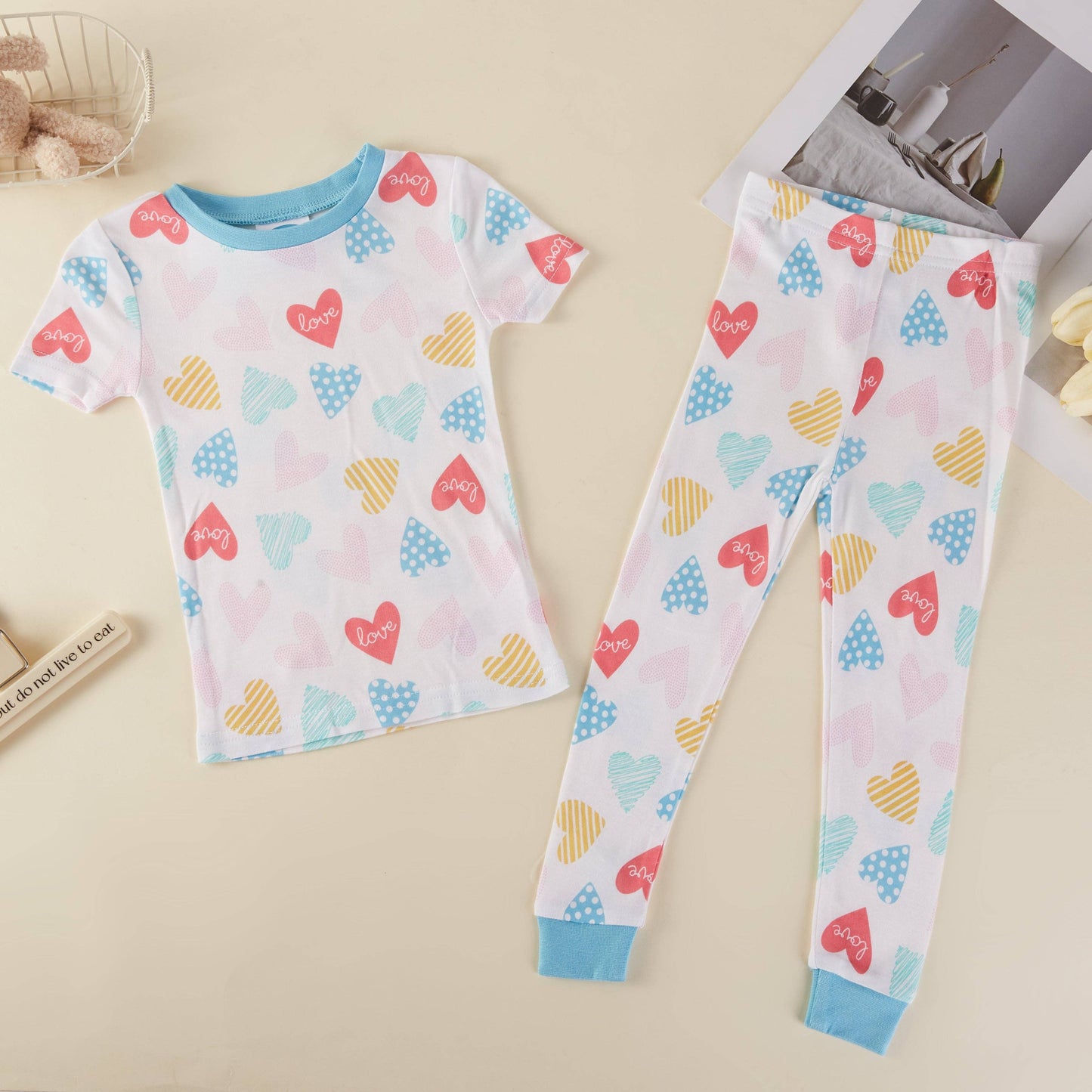 Love Heart Bamboo Short Sleeve Kids Pajama Pants Set