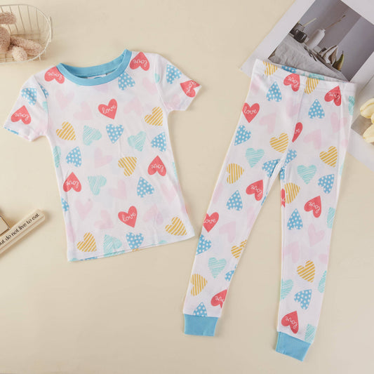 Love Heart Bamboo Short Sleeve Kids Pajama Pants Set