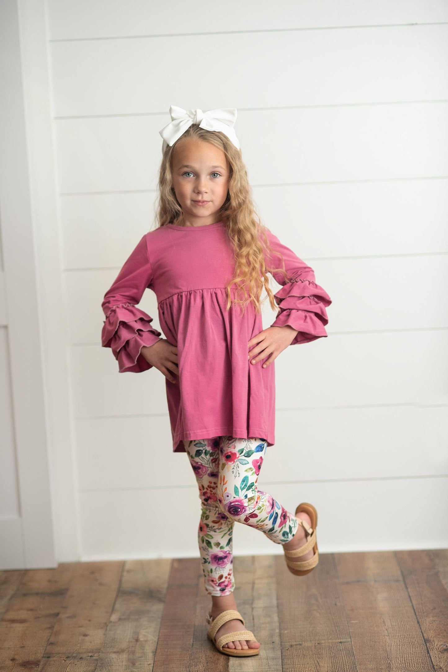 Kids Plum Floral 3 Ruffles Shirt & Leggings Set