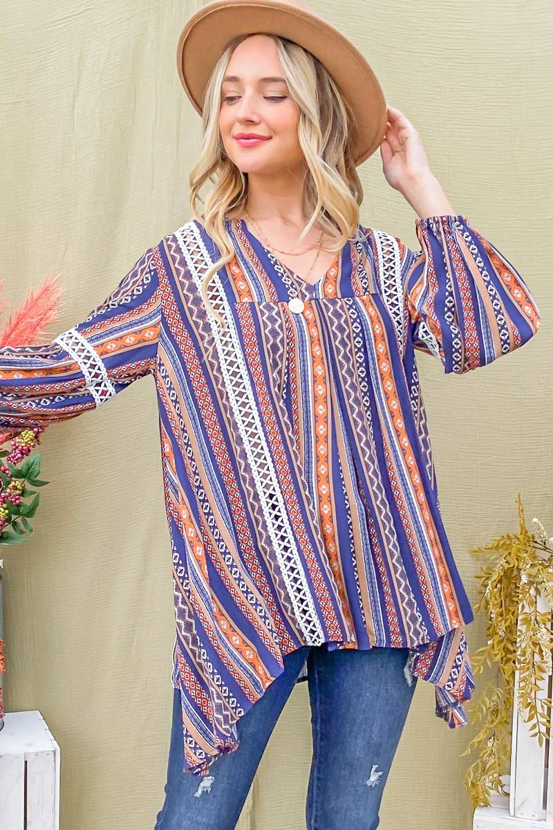 BA12544 - Tie Dye, Aztec Printed Lace Detail Tunic Top