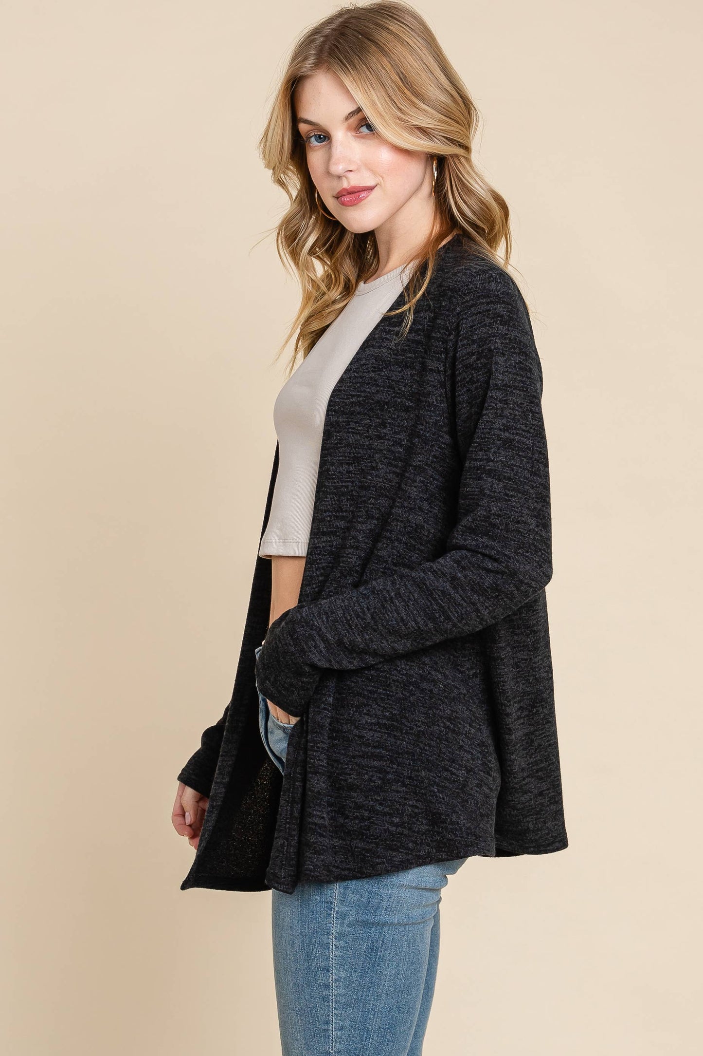 Solid Knit Open Front Cardigan