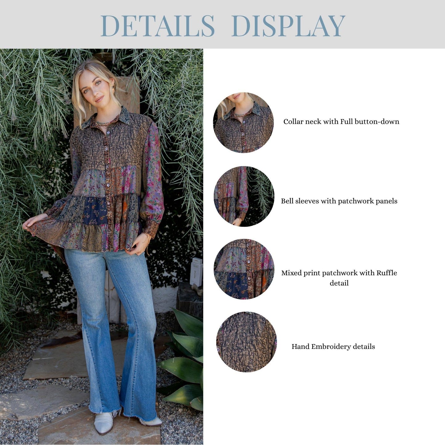 Front-Open Boho Shirt with Quilted Emb & Rayon Tiers
