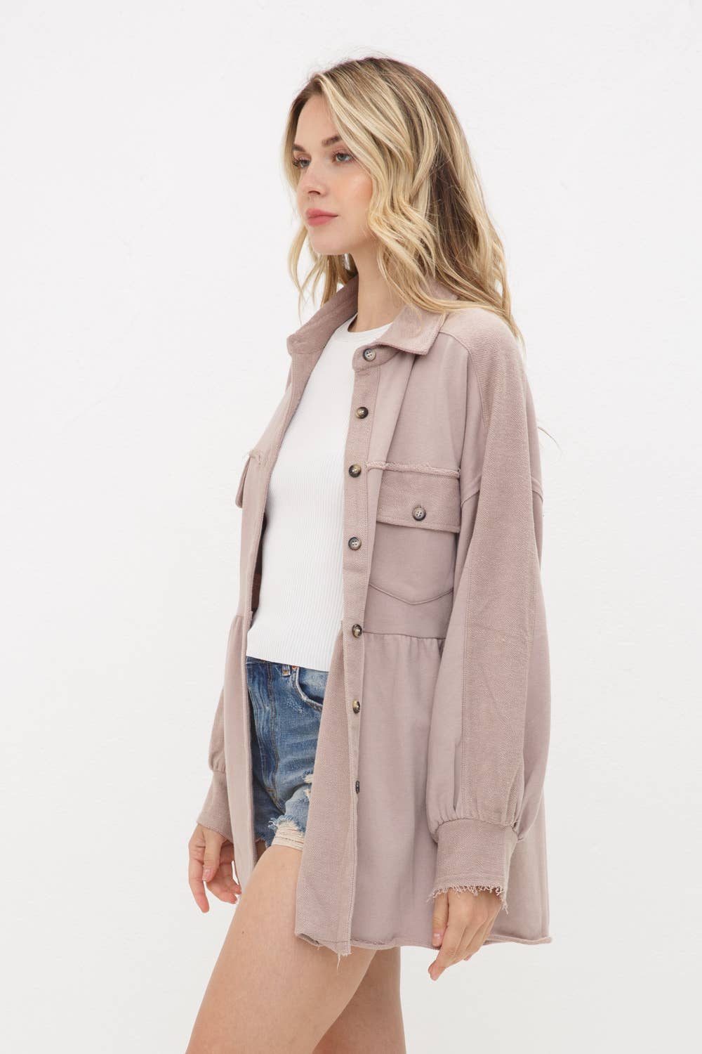 Washed French Terry Mix Frayed Detail Peplum Jacket