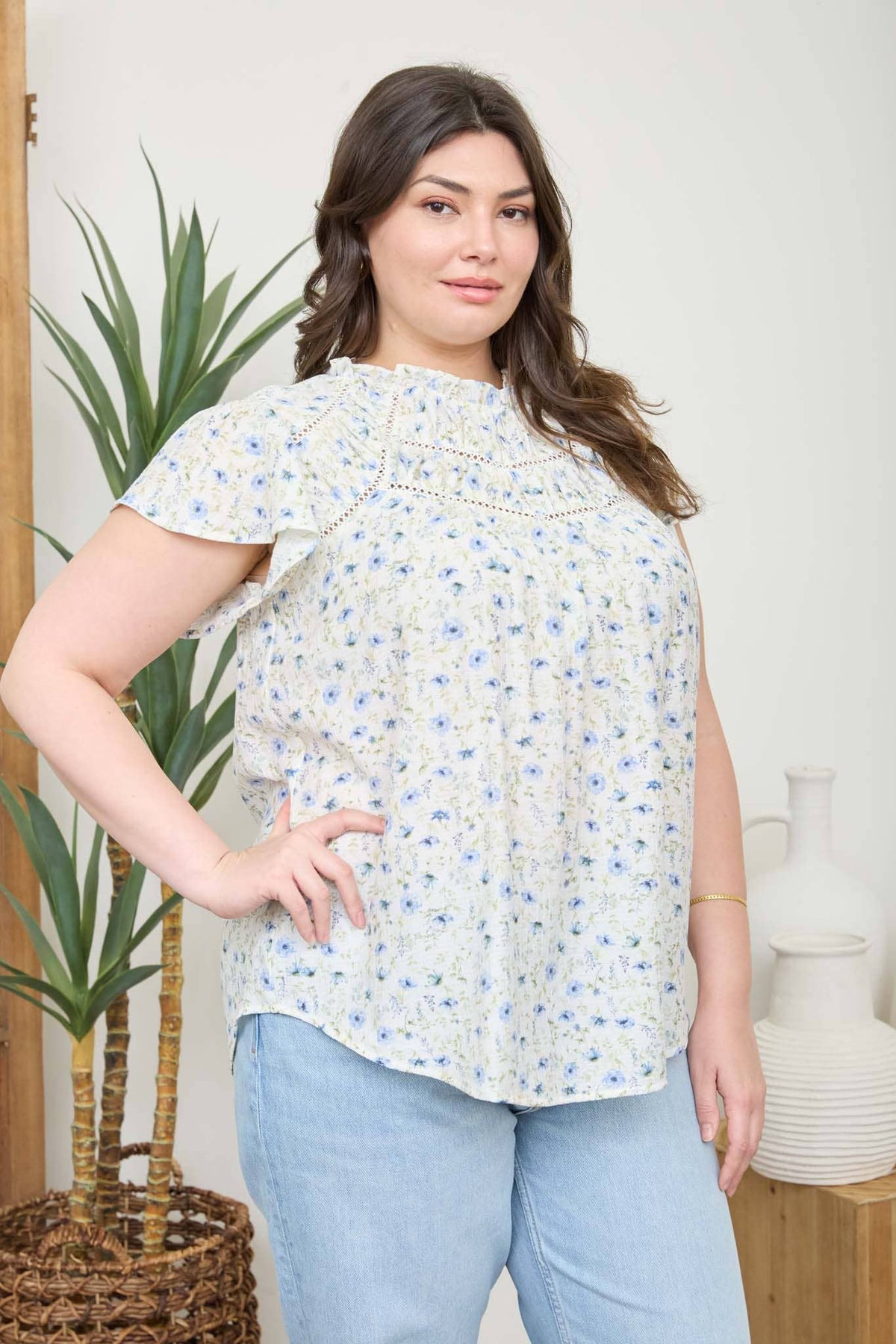 PLUS FLORAL RUFFLE DETAIL LINE LACE YOKE TOP