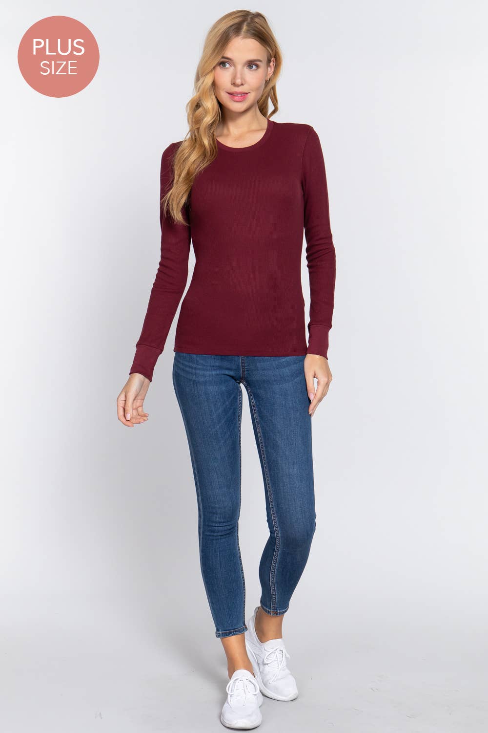 [PLUS SIZE] Long Sleeve Crew Neck Thermal Knit Top