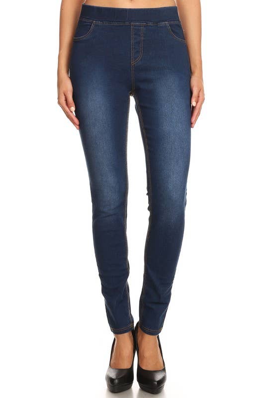 Solid color pre washed pull on denim skinny pull on jeggings