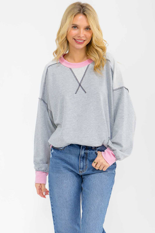 Contrast Trim Exposed Seam Sweatshirt T6181