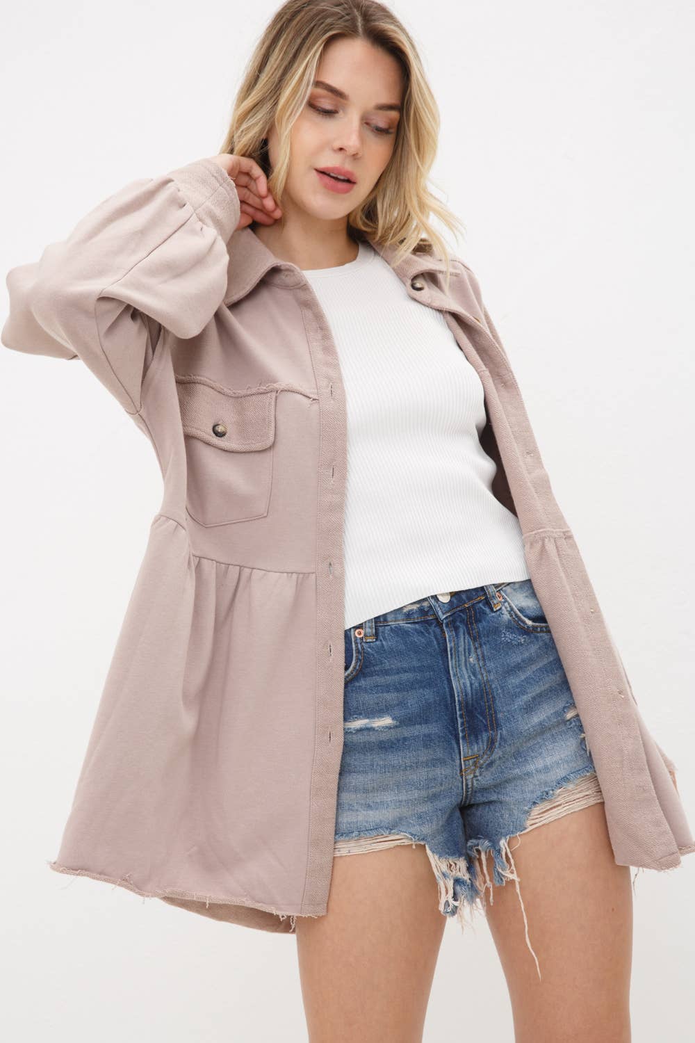 Washed French Terry Mix Frayed Detail Peplum Jacket