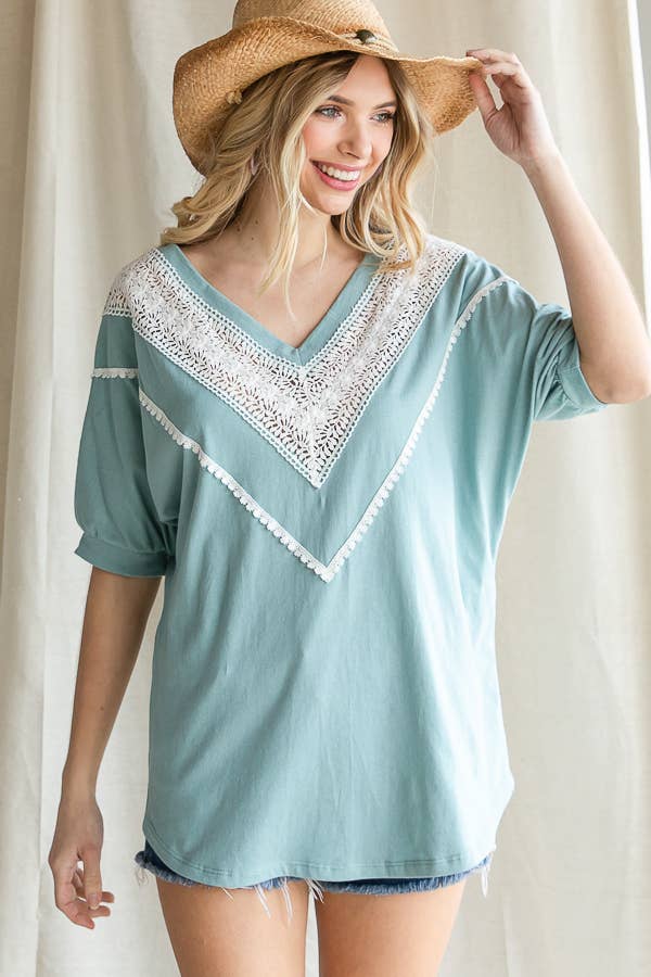 Solid Knit Lace Trim Detail V Neck Short Sleeve Top T3957