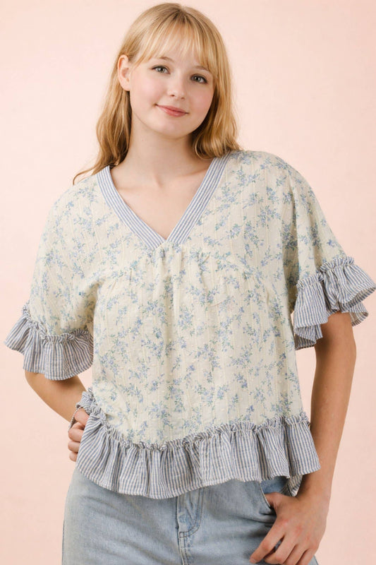 Floral Printed Ruffle Hem Blouse Top