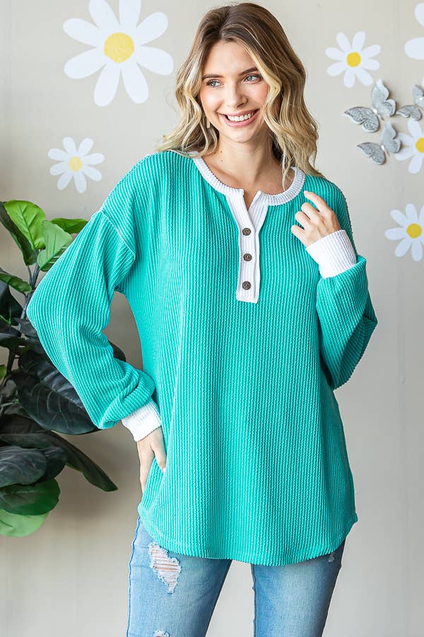 Ribbed Drop Shoulder Button Front Long Sleeve Top T5402