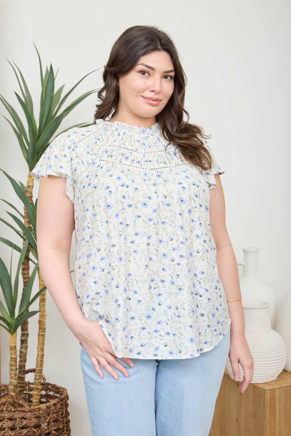 PLUS FLORAL RUFFLE DETAIL LINE LACE YOKE TOP