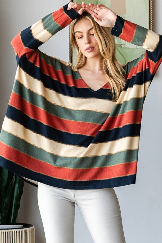LONG DOLMAN SLEEVE V NECK STRIPE PRINT TOP