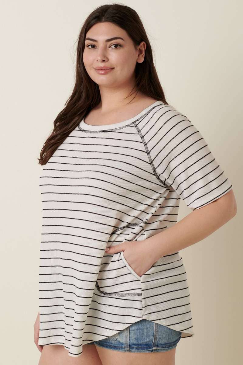PLUS THERMAL STRIPE FRONT POCKET DETAIL KNIT TOP